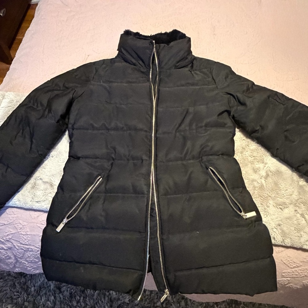 Zara Black Puffer Jacket with Gold Zippers